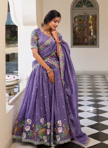 Beautiful Lavender Gold crush festive lehenga with sequin thread embroidery work.